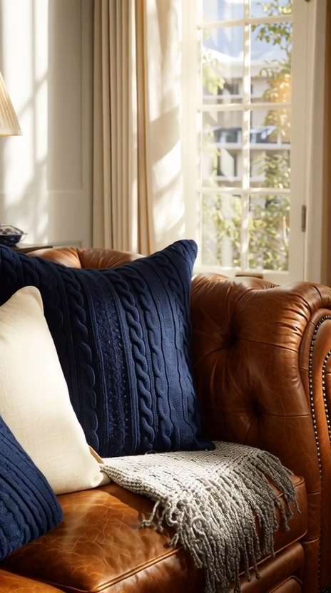 Classic Pillowscape in Ticking Stripes, Velvet, Cable Knits, and Natural Linen